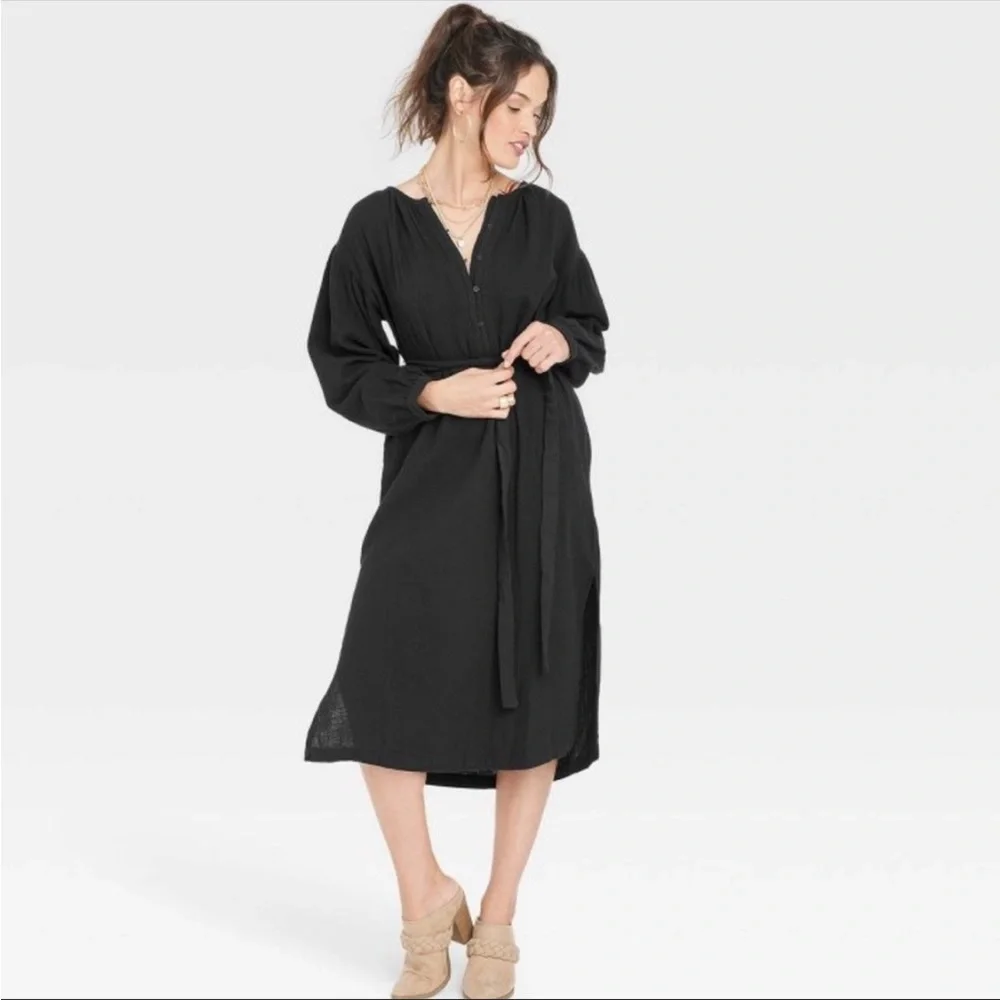 New, Universal Thread, Balloon Long Sleeve, Tie front Shirtdress Black, Sz M. - Picture 1 of 4